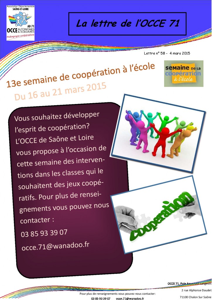 lettre n°58 - 4 Mars 2015 - Semaine de la coopération à l'école