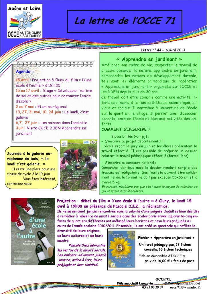 OCCE71 lettre n°44 - 6 Avril 2013 - Apprendre en jardinant - p1